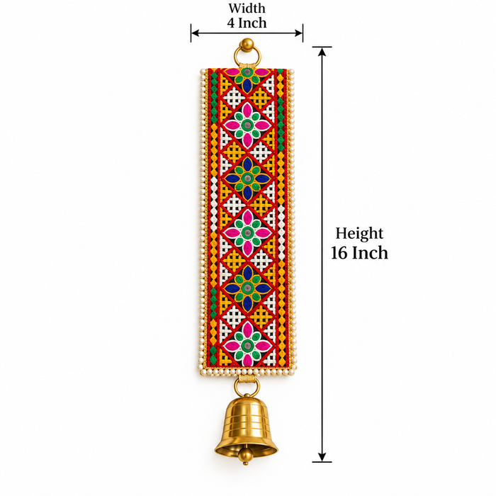 (Design No.2)( 2 pcs )Traditional Embellished Door Hanging with Bell | Red & Golden Decorative| 16 × 5.5 Inch Wall Hanging