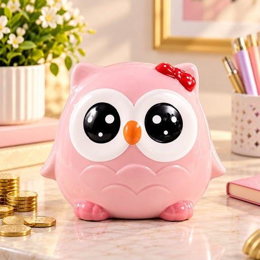 1 Piece Ceramic pink Owl Design Gullak : Piggy Bank for Rupees Savings - Coin Storage Tip Box Ideal for Kids and Adults - Money Kilona Pikibank ATM Coinbox Gulak (Pack of 1) (Pink)