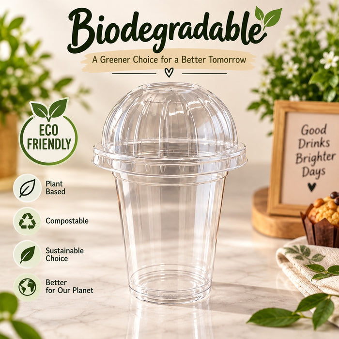 Biodegradable Clear Dome Lid Cup  | Eco-Friendly Dessert & Beverage Cup  | 10 Inch Height | 2 Inch Base