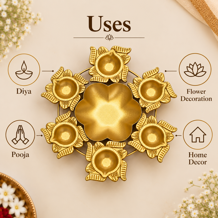 (Design No.29) Golden Diya Rangoli Decoration Set | 8 Inch Traditional Diya & Floral Rangoli Decor | Diwali Pooja Room, Home Entrance & Festive Decoration