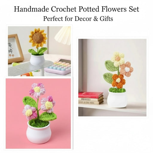 3 Pcs Handmade Sunflower & Daisy Crochet Flowers heads with Pot Completed Hand Woven Sunflowers Daisy Knitted Potted flower Plants Cute Knitted Flower pot for Home Decoration,Table Top,Table Decoration,Knitted sunflower pot gift for her/him.