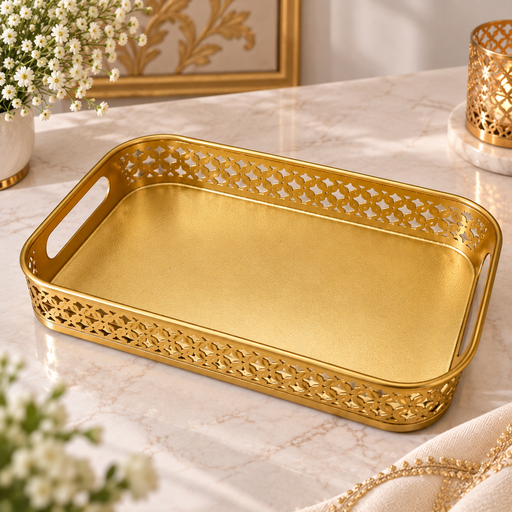 (Design No.30) Premium Golden Decorative Serving Tray with Cutwork Design | Elegant Metal Tray with Handles | Luxury Gift, Wedding & Home Décor Tray