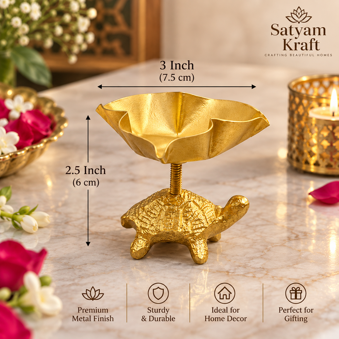 (Design No.28) Golden Metal Turtle Decorative Bowl | 3 Inch Width × 2.5 Inch Height | Tabletop Urli | Home, Pooja & Festive Decor