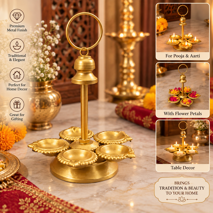 (Design No.31) Premium Metal Panch Diya Stand with Ring Handle | 9.5 Inch Height × 6 Inch Width | Traditional Pooja & Home Decor