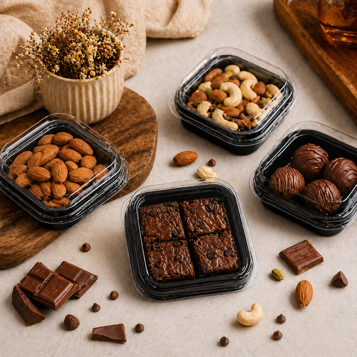 Disposable Square  Brownie Box Food Container with Lid 11×11×4 cm | Black Base Meal Box for Cakes, Brownies, Snacks & Takeaway Packaging