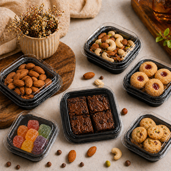 Disposable Square  Brownie Box Food Container with Lid 11×11×4 cm | Black Base Meal Box for Cakes, Brownies, Snacks & Takeaway Packaging