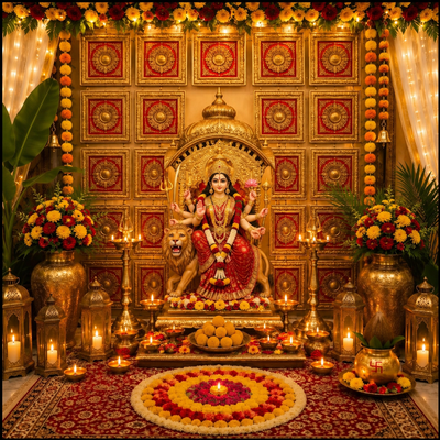 Ganpati Mandap Backdrop 6x6 Feet | 7 Decorative PVC Panels + 1 Temple Zarukho | Premium Ganesh Decoration Backdrop