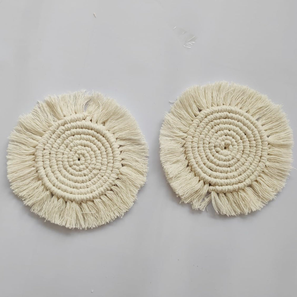 2 PC Macrame Round Coasters Bohemian Style,for Tea Cups, Coffee Mugs, Wood Cups, Steel Cups, for Dinning Table, Center Table Decoration (Off White, Set of 2)