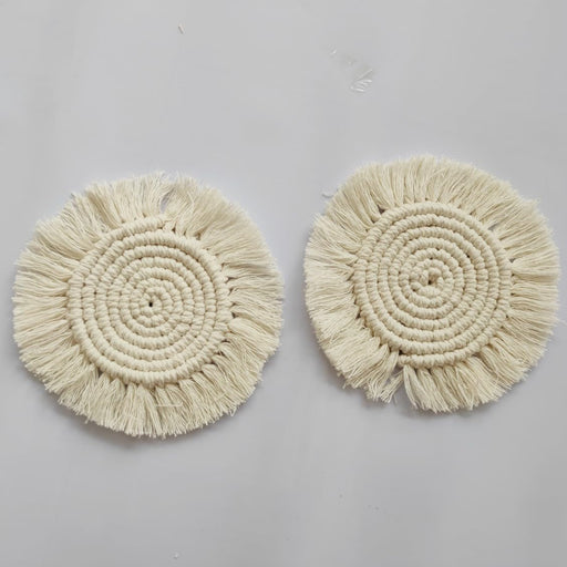 2 PC Macrame Round Coasters Bohemian Style,for Tea Cups, Coffee Mugs, Wood Cups, Steel Cups, for Dinning Table, Center Table Decoration (Off White, Set of 2)