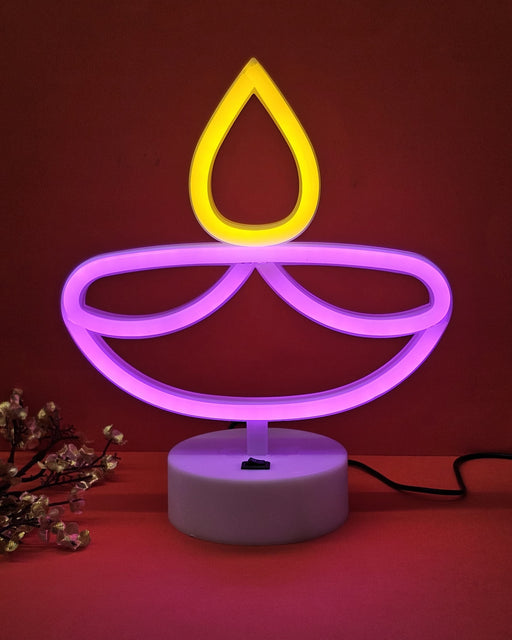 1 Pcs Neon LED Light Diya Design for Diwali, Gifts, Night Light, Kids Bedroom, Living Room, Table Decor, Home Decoration Purpose with USB Plug in Light (Pink and Yellow Colour)