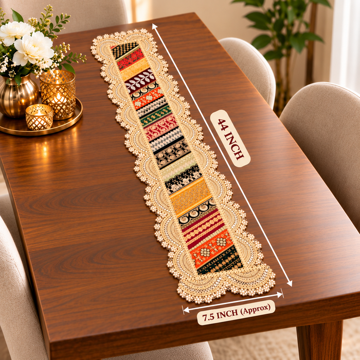 1 Pcs Traditional Indian Table Runner with Decorative Border | Ethnic & Festive Table Decor