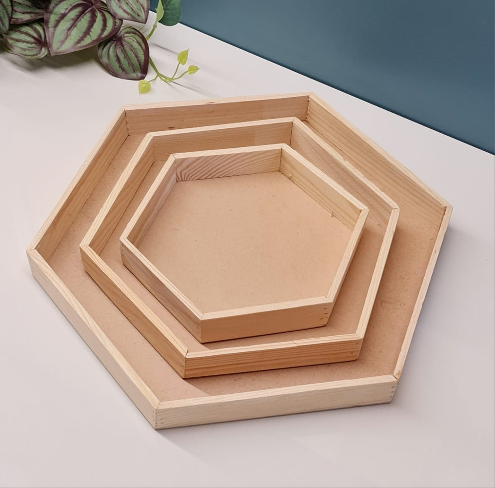 1 Set (3 Pcs) MDF Hexagon Trousseau Pinewood Attractive Decorative Art Tray for Home Decor, Saree, Clothes Packaging for Gifting in Hampers, DIY Craft.