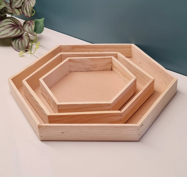 1 Set (3 Pcs) MDF Hexagon Trousseau Pinewood Attractive Decorative Art Tray for Home Decor, Saree, Clothes Packaging for Gifting in Hampers, DIY Craft.