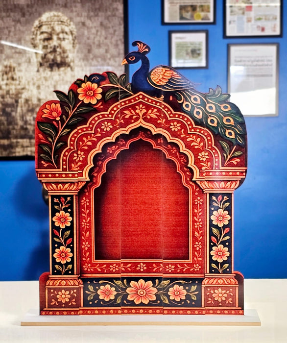 3D Look Foldable Wooden Mandap Backdrop | Peacock & Floral Design | Ganesh Chaturthi, Janmashtami, Durga Pujo, Navratri & Diwali Home Temple Decor