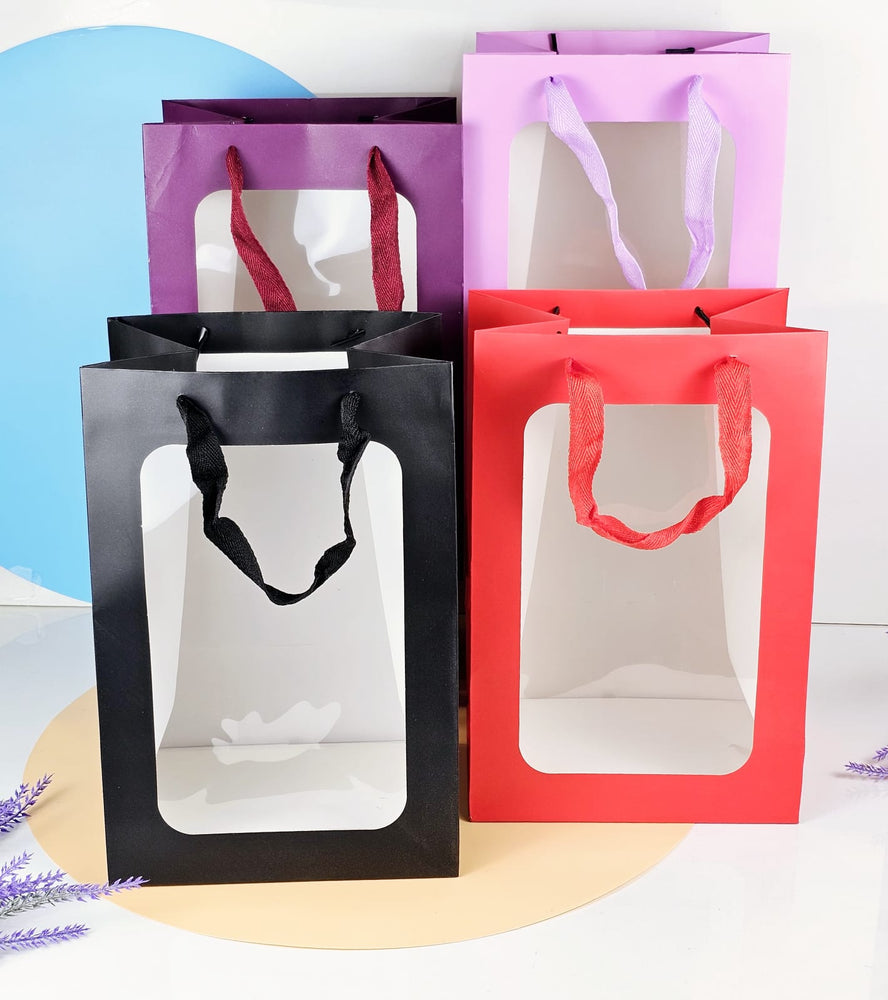 Random Colour Transparent Window Bag Goodie Bags With Handle Bag,Hamper Bag,Carry Bags,Shopping Gift Bag,Gifting,Presents,Return Gifts,Birthday,Wedding,Festivals,Events (Medium)