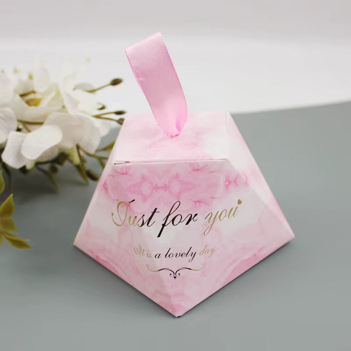 50 Pcs Triangle Gift Box with Satin Ribbon for Return Gifts, Chocolates, Dry Fruits & Wedding Favors