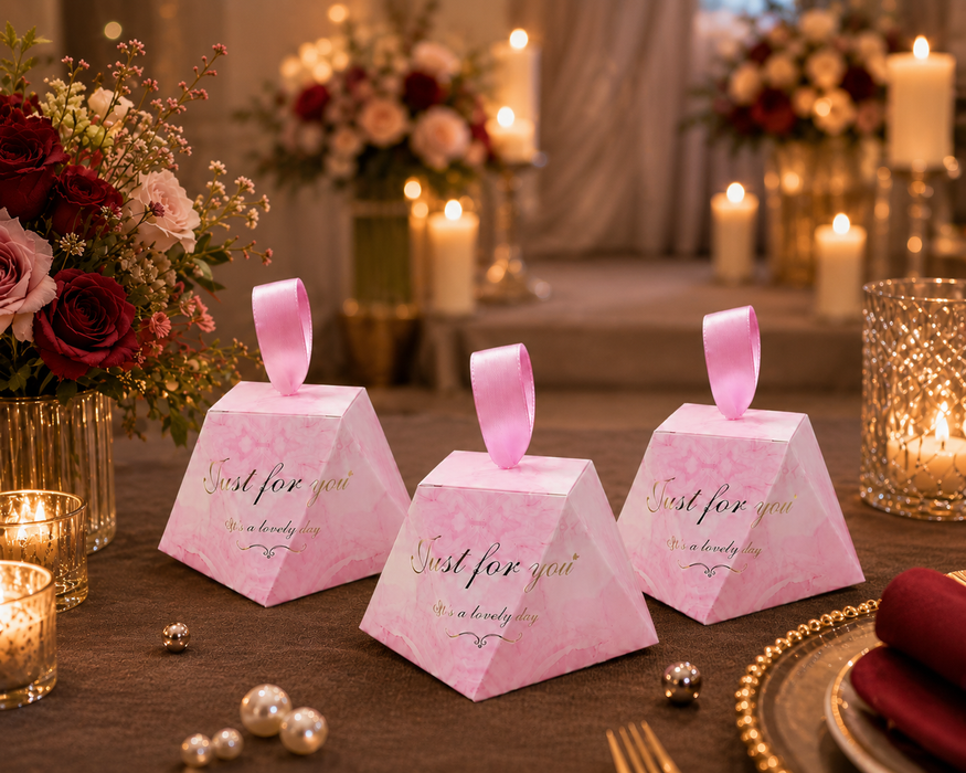 50 Pcs Triangle Gift Box with Satin Ribbon for Return Gifts, Chocolates, Dry Fruits & Wedding Favors