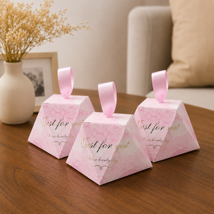 50 Pcs Triangle Gift Box with Satin Ribbon for Return Gifts, Chocolates, Dry Fruits & Wedding Favors