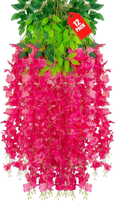 12 Pcs (43.2 inch) Artificial Wisteria Vine Ratta Fake Wisteria Hanging Garland Silk Long Hanging Bush Flowers String for Home Decor,Valentine's Day Decoration (Rani Dark Pink)