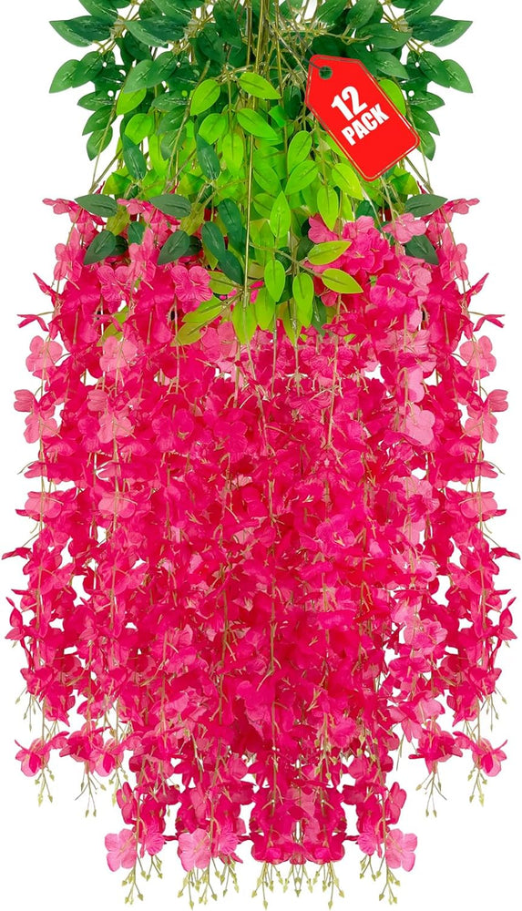 12 Pcs (43.2 inch) Artificial Wisteria Vine Ratta Fake Wisteria Hanging Garland Silk Long Hanging Bush Flowers String for Home Decor,Valentine's Day Decoration (Rani Dark Pink)