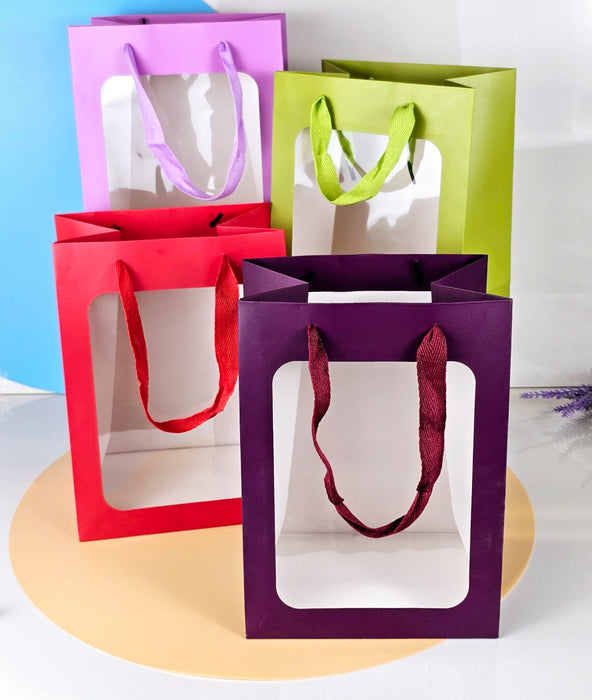 Random Colour Transparent Window Bag Goodie Bags With Handle Bag,Hamper Bag,Carry Bags,Shopping Gift Bag,Gifting,Presents,Return Gifts,Birthday,Wedding,Festivals,Events (Small)