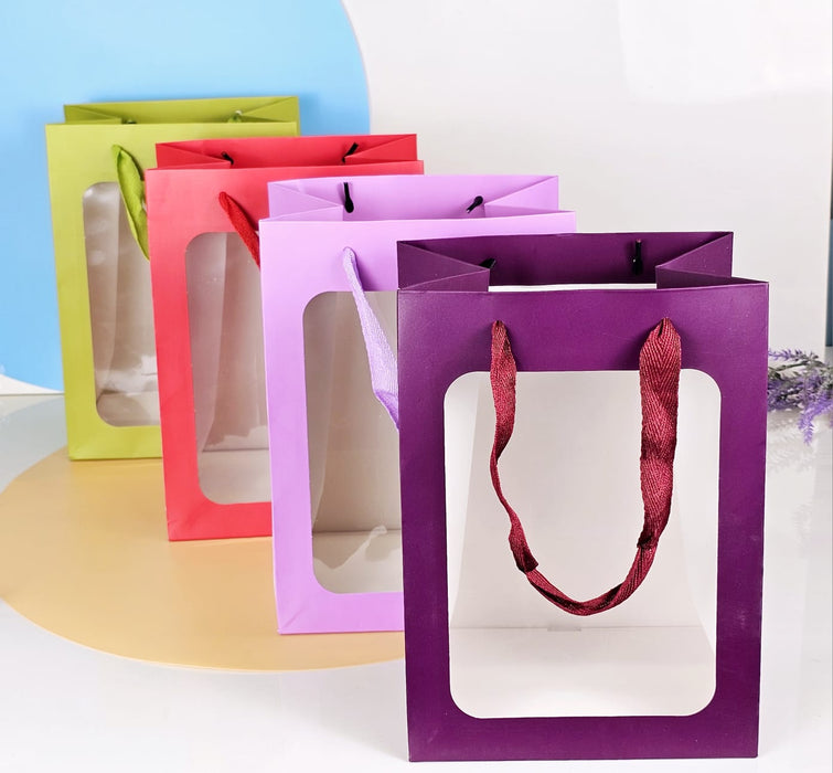 Random Colour Transparent Window Bag Goodie Bags With Handle Bag,Hamper Bag,Carry Bags,Shopping Gift Bag,Gifting,Presents,Return Gifts,Birthday,Wedding,Festivals,Events (Small)