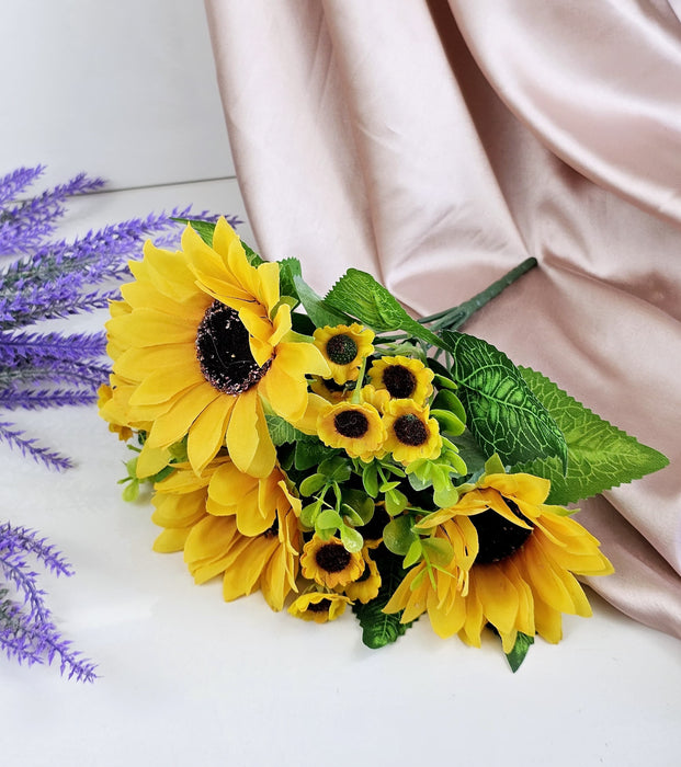 1 Pcs Sunflowers Stick for Home Decor, Room, Balcony, Welcoming Decoration Item, Realistic Look and Charming Flowers,Diwali Decor (Yellow, Bunch) (without Vase Pot) (Material: Fabric)