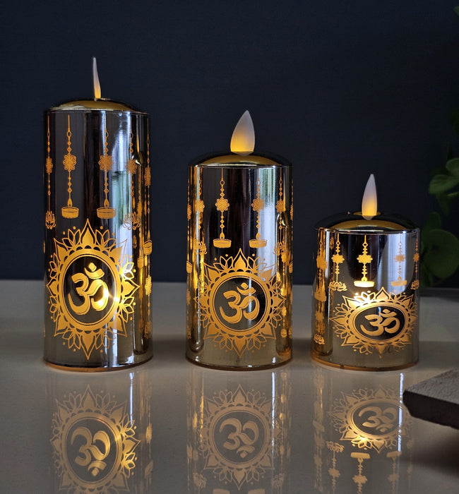 3 Pcs Om Printed Flameless Led Pillar Candle for Home Decor, Gifting, House, Light for Balcony, Room, Birthday, Diwali, Festive Decor(Pack of 3)