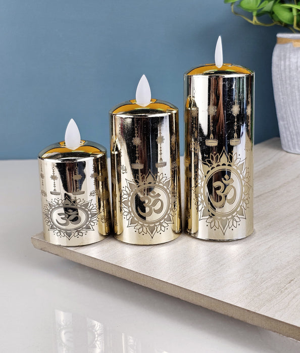 3 Pcs Om Printed Flameless Led Piller Candle for Home Decor, Gifting, House, Light for Balcony, Room, Birthday, Diwali, Festive Decor(Pack of 3)