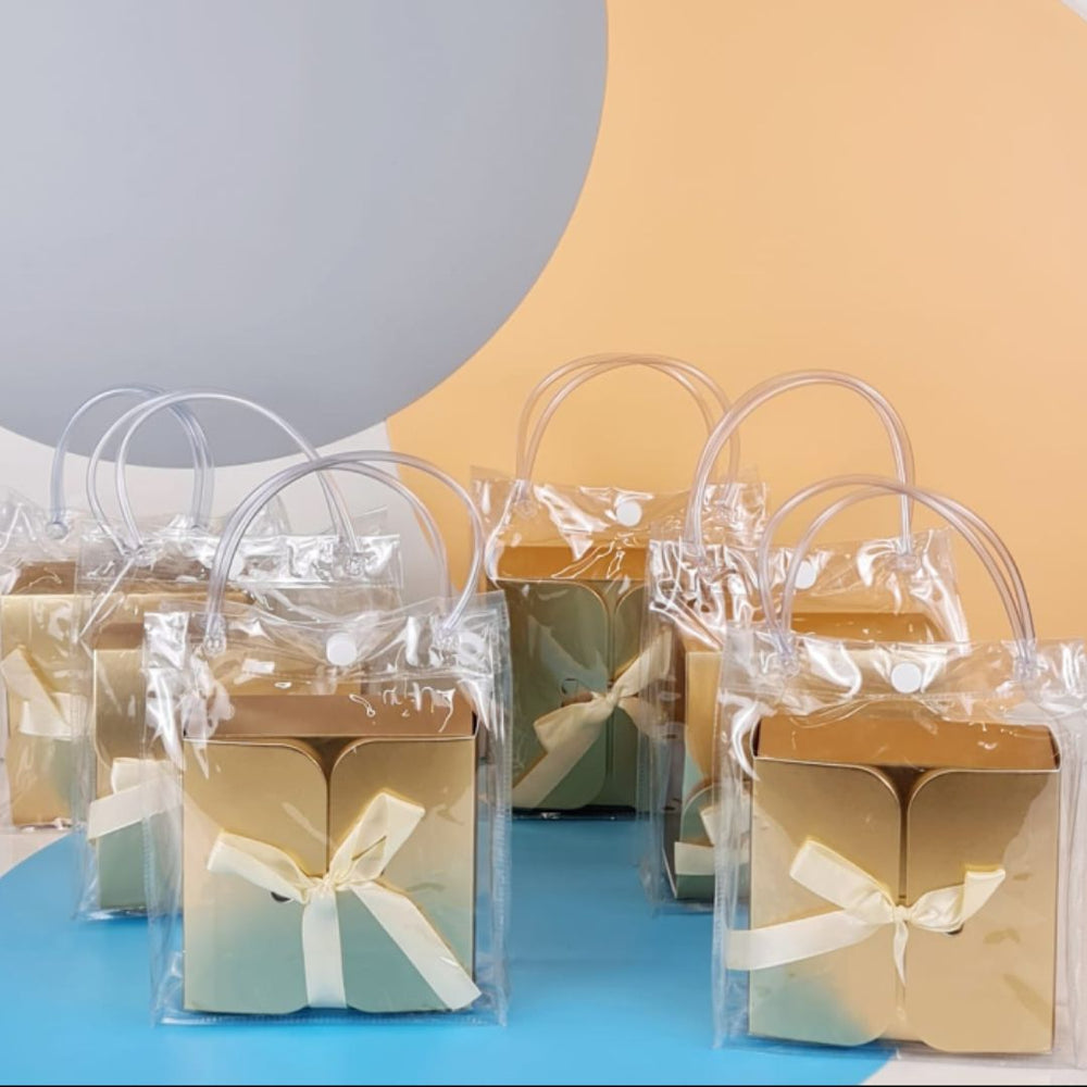 Transparent Bag With Folding Golden Box For Event, Return Gift in Party, Birthday,Gift Boxes with Ribbon, Perfect for Packing Chocolate, Dry Fruits For Gifting.