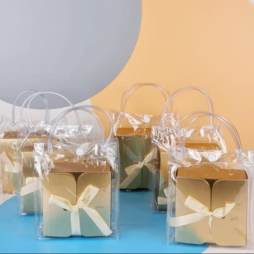 Transparent Bag With Folding Golden Box For Event, Return Gift in Party, Birthday,Gift Boxes with Ribbon, Perfect for Packing Chocolate, Dry Fruits For Gifting.