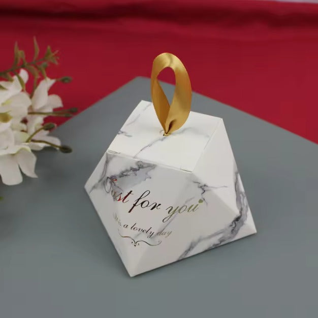 50 Pcs Triangle Gift Box with Satin Ribbon for Return Gifts, Chocolates, Dry Fruits & Wedding Favors