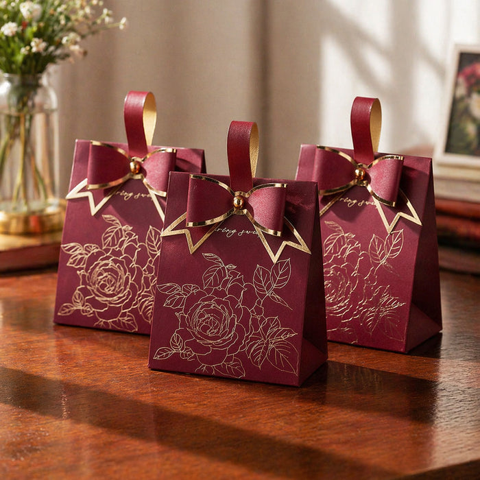 Luxury Floral Gift Box with Handle & Bow | Premium Wedding Return Gift Packaging Box (Maroon & White)