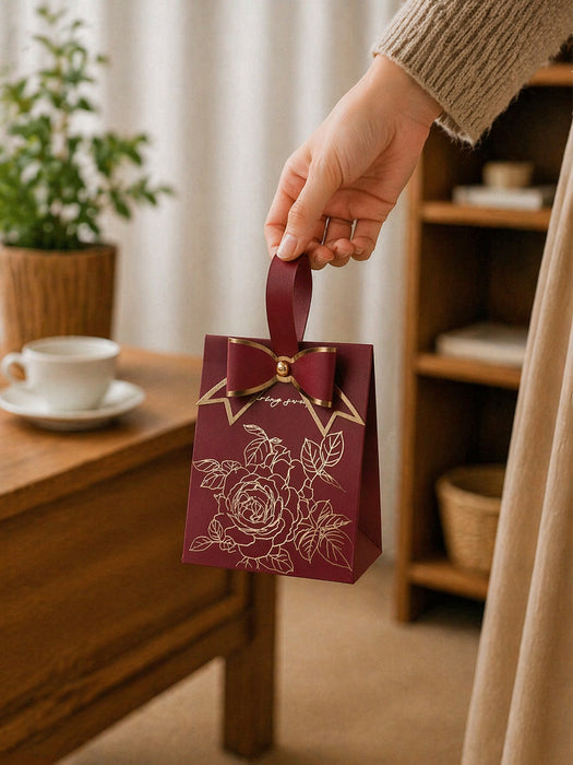 Luxury Floral Gift Box with Handle & Bow | Premium Wedding Return Gift Packaging Box (Maroon & White)
