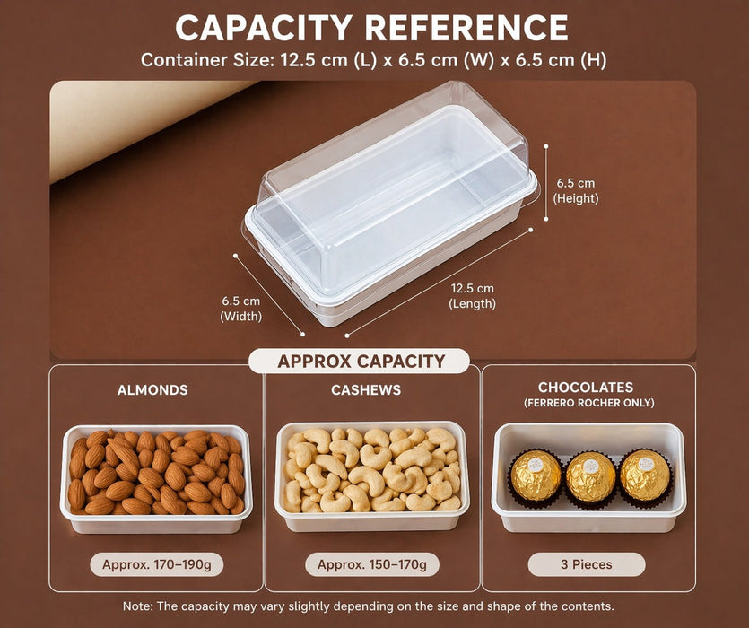 Rectangle Food Container with Transparent Lid (12.5 x 6.5 x 6.5 cm) | Dry Fruit, Chocolate & Snack Storage Box | Food Grade Reusable Container | Available in Multiple Colors
