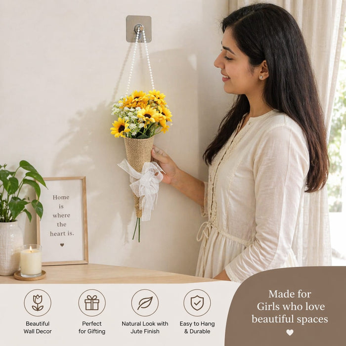 Artificial Daisy Flower Bouquet with Pearl Handle | Decorative Wall Hanging Floral Arrangement for Home Decor, Living Room, Gifting & Festive Decoration
