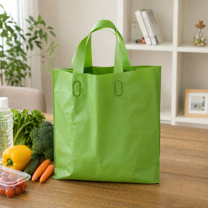 Matcha Green Frosted Plastic Tote Bag | Thickened Waterproof Clothing Shopping Carry Bag with Handles (11x10x3 Inch)