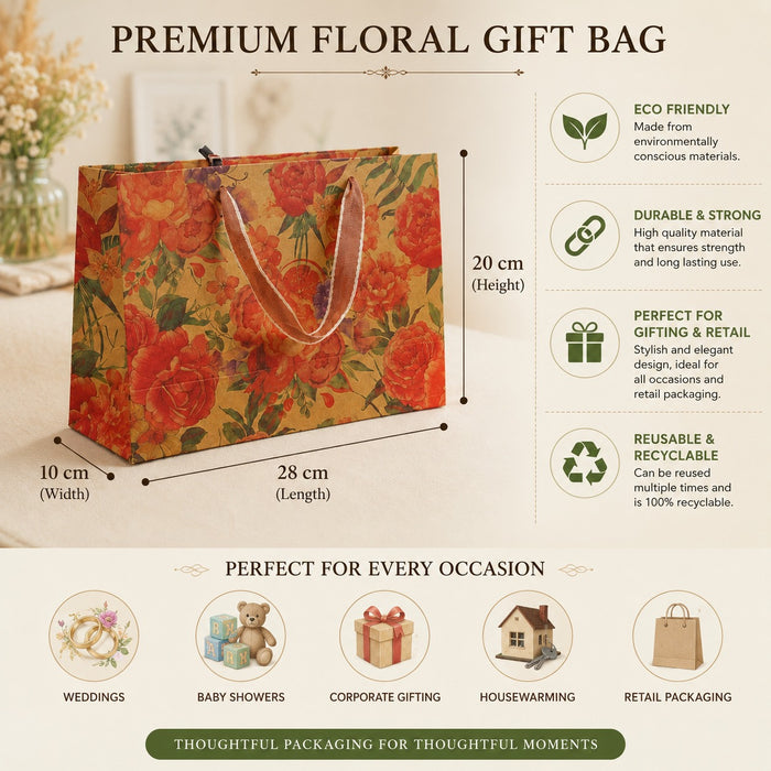Premium Floral Gift Bag with Handle | Reusable Luxury Paper Bag for Wedding, Gifting & Retail Packaging | 28x20x10 cm