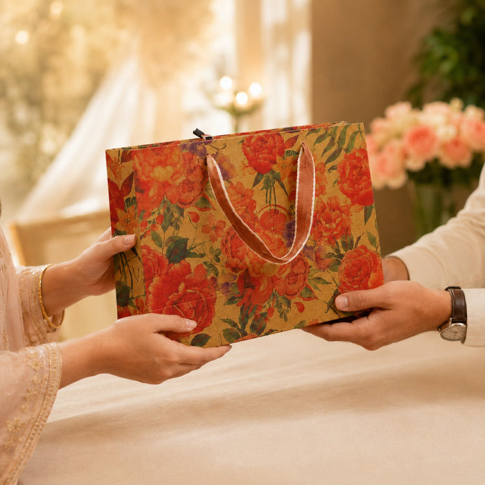 Premium Floral Gift Bag with Handle | Reusable Luxury Paper Bag for Wedding, Gifting & Retail Packaging | 28x20x10 cm