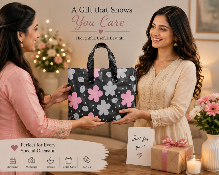 Premium Printed Frosted Plastic Gift Tote Bags | Reusable Carry Bags for Return Gifts, Hampers & Party Packaging (5 Designs Available)