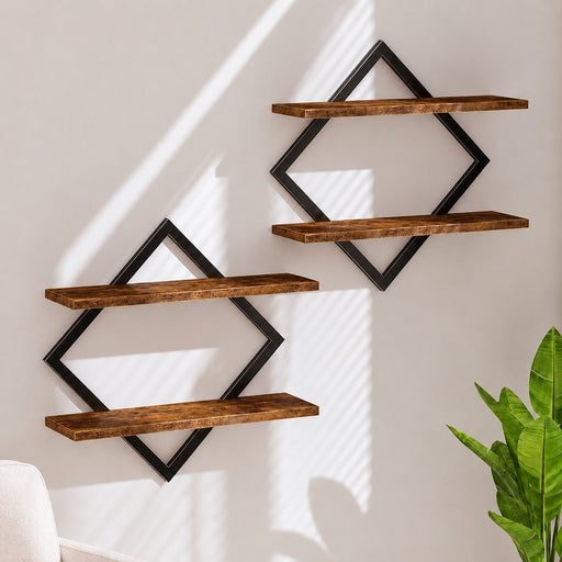 Modern Diamond Shape Wall Shelf Set 2– Wooden & Metal Floating Wall Rack for Home Décor