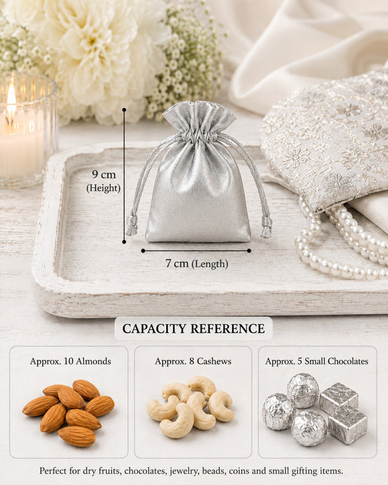 Luxury Satin Drawstring Potli Bag – Gold & Silver | Return Gift Pouch for Wedding, Festive & Jewelry Packaging (7 x 9 cm)