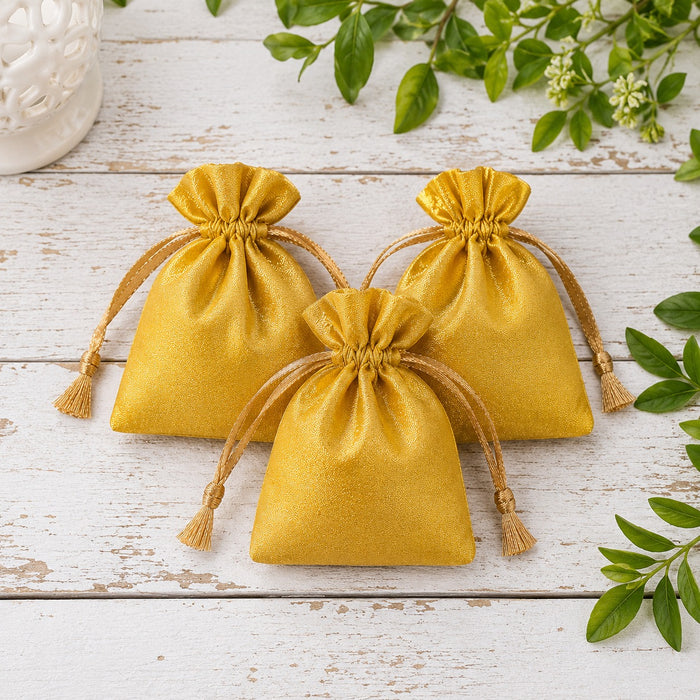Luxury Satin Drawstring Potli Bag – Gold & Silver | Return Gift Pouch for Wedding, Festive & Jewelry Packaging (7 x 9 cm)