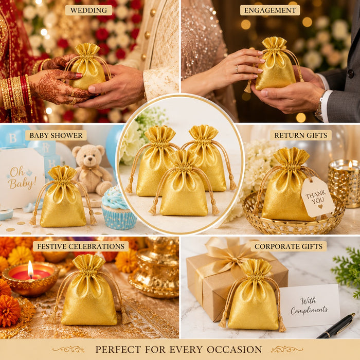 Luxury Satin Drawstring Potli Bag – Gold & Silver | Return Gift Pouch for Wedding, Festive & Jewelry Packaging (7 x 9 cm)