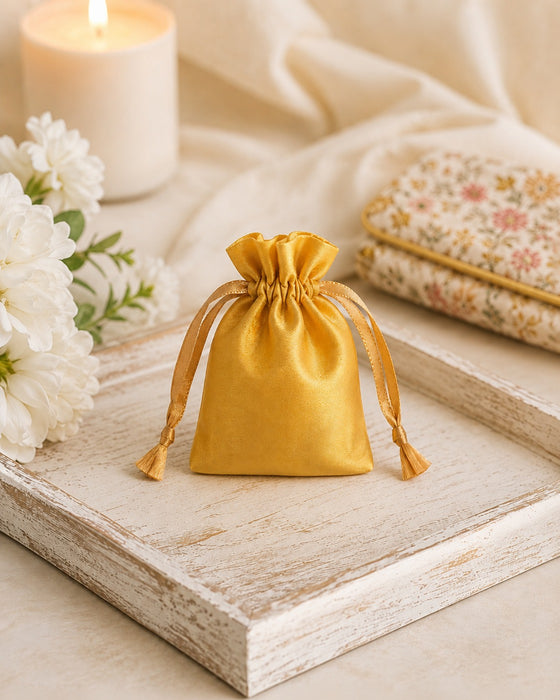 Luxury Satin Drawstring Potli Bag – Gold & Silver | Return Gift Pouch for Wedding, Festive & Jewelry Packaging (7 x 9 cm)