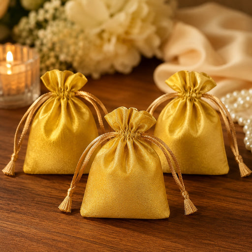 Luxury Satin Drawstring Potli Bag – Gold & Silver | Return Gift Pouch for Wedding, Festive & Jewelry Packaging (7 x 9 cm)