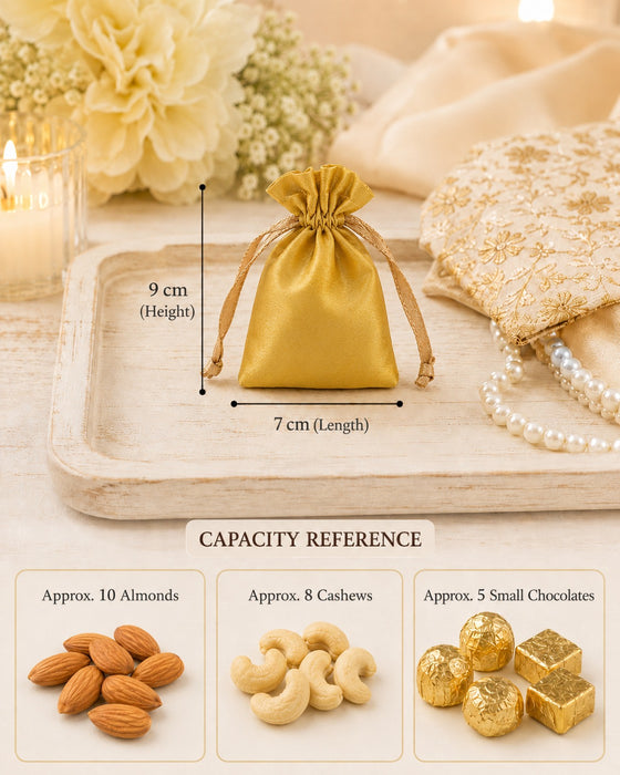 Luxury Satin Drawstring Potli Bag – Gold & Silver | Return Gift Pouch for Wedding, Festive & Jewelry Packaging (7 x 9 cm)