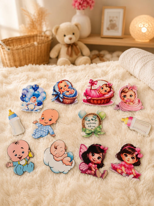 12 Pcs Baby Shower MDF Cutout 5-6 Inch Mix Design Set (Blue & Pink) | Baby Boy & Girl Hamper Decoration | DIY Welcome Baby Party Decor