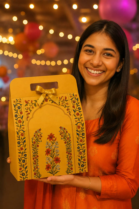 Yellow Rajawadi Gift Hamper Box with Ribbon | Premium Cardboard Gift Box for Dry Fruits, Sweets & Chocolates