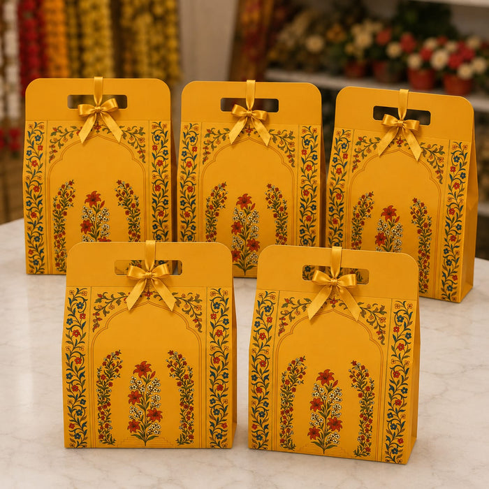 Yellow Rajawadi Gift Hamper Box with Ribbon | Premium Cardboard Gift Box for Dry Fruits, Sweets & Chocolates
